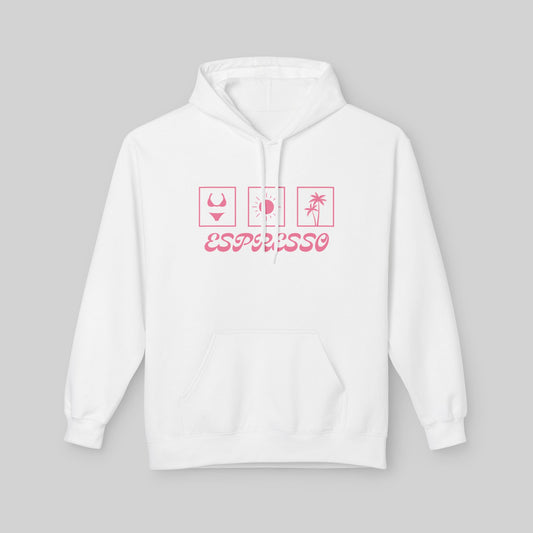 White Sabrina Carpenter Espresso Lover Hoodie with pink graphics and text on a gray background