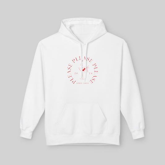 White Sabrina Carpenter Espresso Vibes Hoodie with red graphic design on a gray background