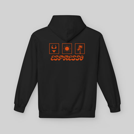 Black Sabrina Carpenter Espresso Vibes Hoodie with orange graphics and text on a gray background