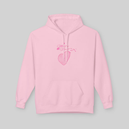 Pink Sabrina Carpenter Short n' Sweet Hoodie with a heart design on a gray background