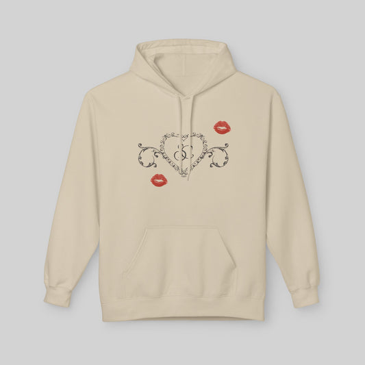 Beige Sabrina Carpenter Short n’ Sweet Hoodie with decorative heart and lip designs on a light gray background