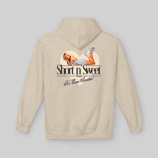 Beige Sabrina Carpenter Short n’ Sweet Hoodie with graphic design on the back against a light gray background