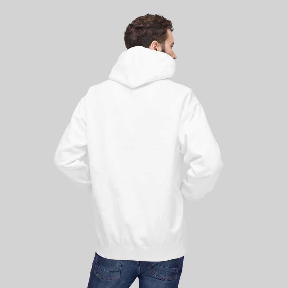 Man wearing a white Sabrina Carpenter Espresso Lover Hoodie from behind on a gray background