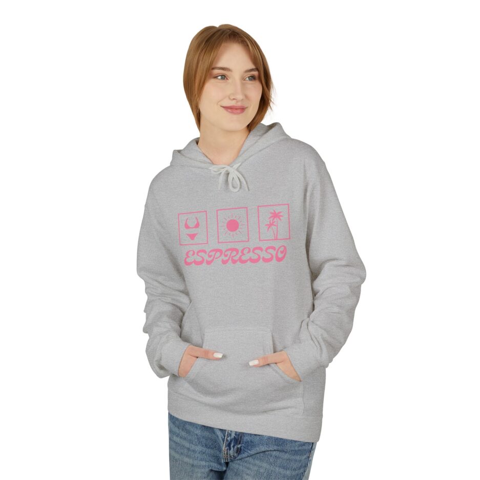 Person wearing a gray Sabrina Carpenter Espresso Lover Hoodie with pink graphics and text on a white background