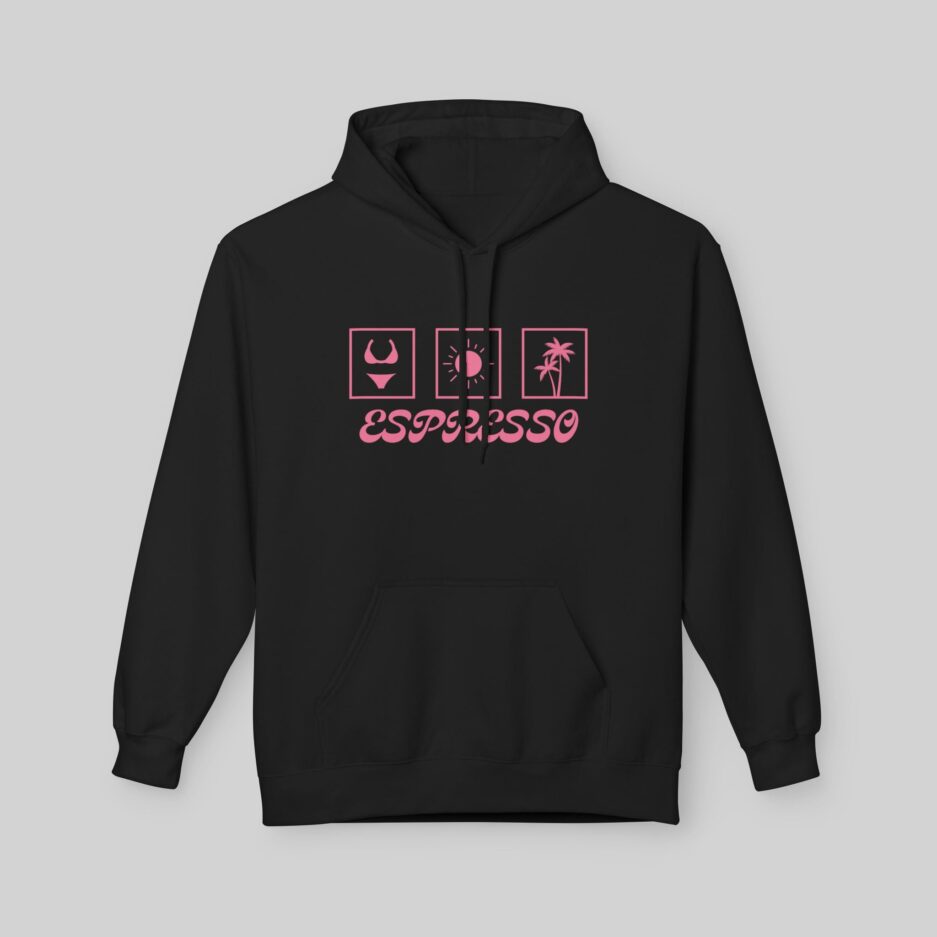 Black Sabrina Carpenter Espresso Lover Hoodie with pink graphics and text on a gray background