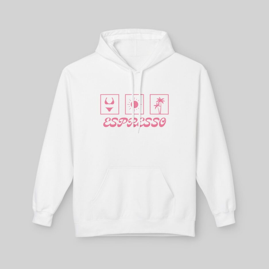 White Sabrina Carpenter Espresso Lover Hoodie with pink graphics and text on a gray background