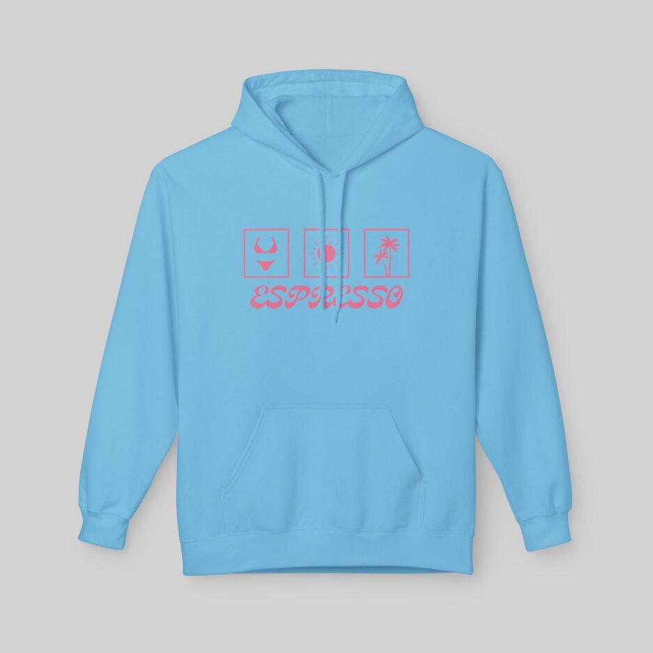 Light blue Sabrina Carpenter Espresso Lover Hoodie with red graphics and text on a gray background