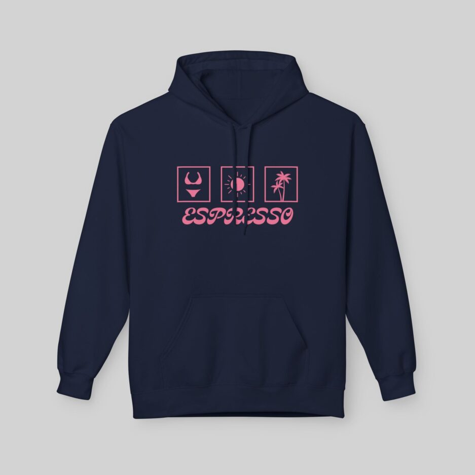 Navy blue Sabrina Carpenter Espresso Lover Hoodie with pink graphics and text on a light gray background