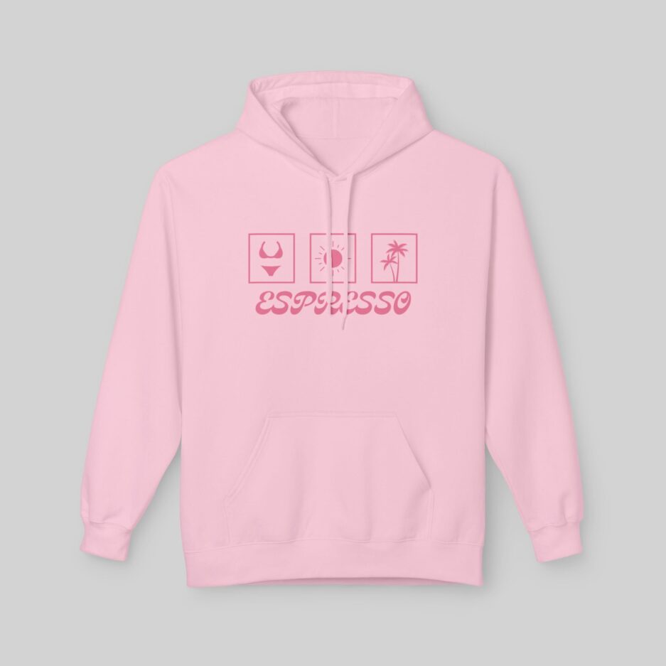 Pink Sabrina Carpenter Espresso Lover Hoodie with text and symbols on a gray background