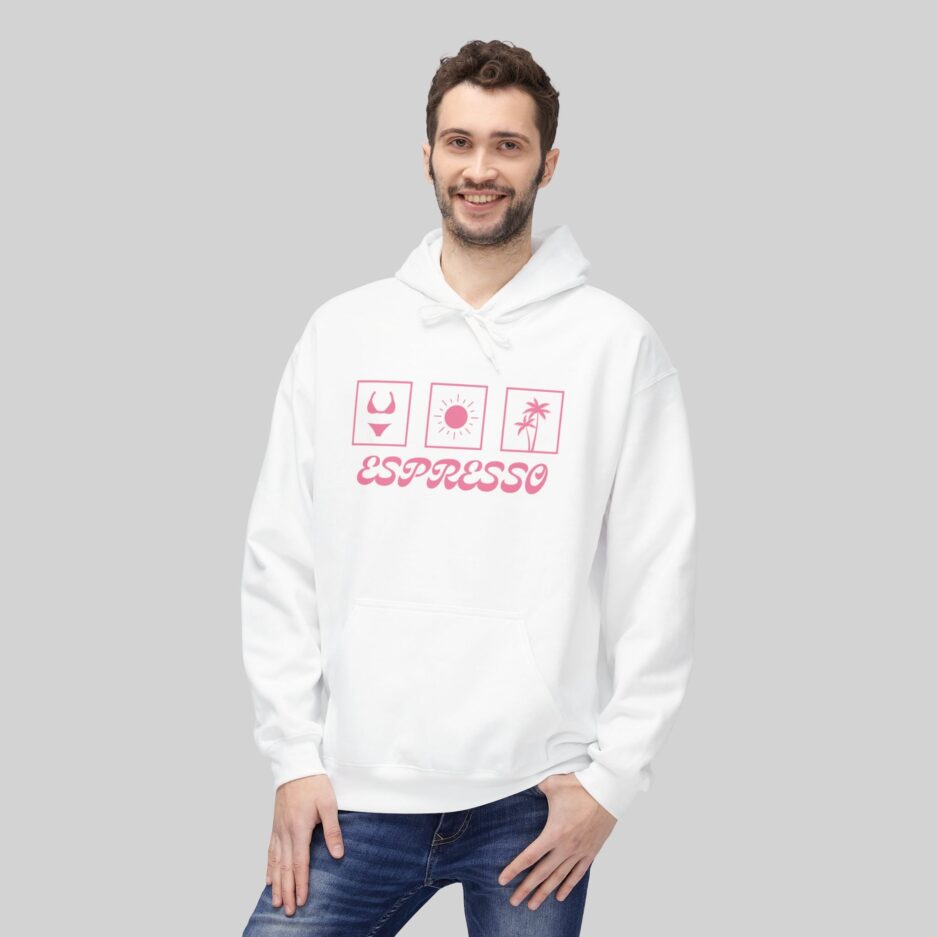 Man wearing a white Sabrina Carpenter Espresso Lover Hoodie with red graphics and text on a gray background
