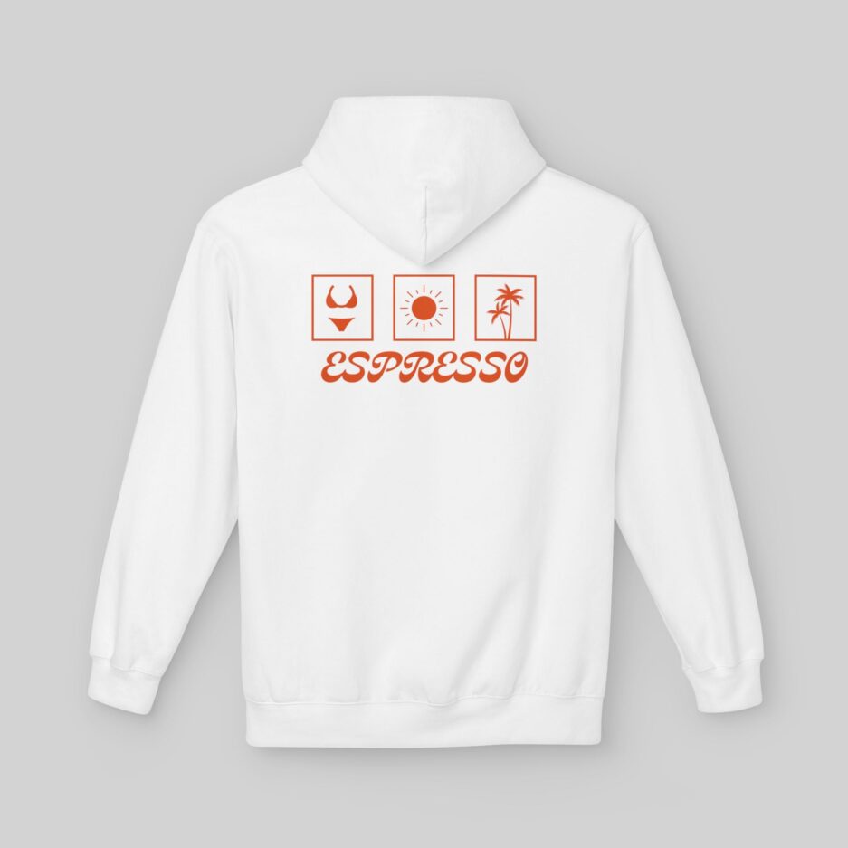 White Sabrina Carpenter Espresso Vibes Hoodie with red graphics and 'ESPRESSO' text on a gray background