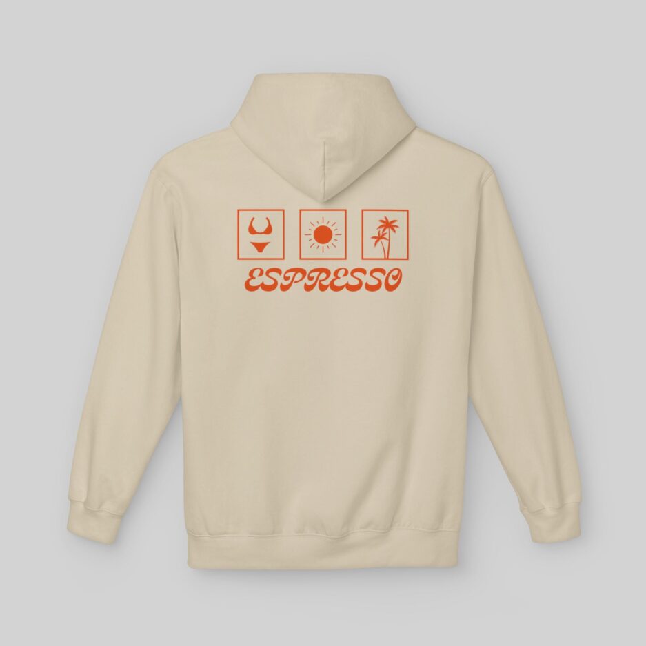 Beige Sabrina Carpenter Espresso Vibes Hoodie with 'Espresso' text and icons on the back against a light gray background