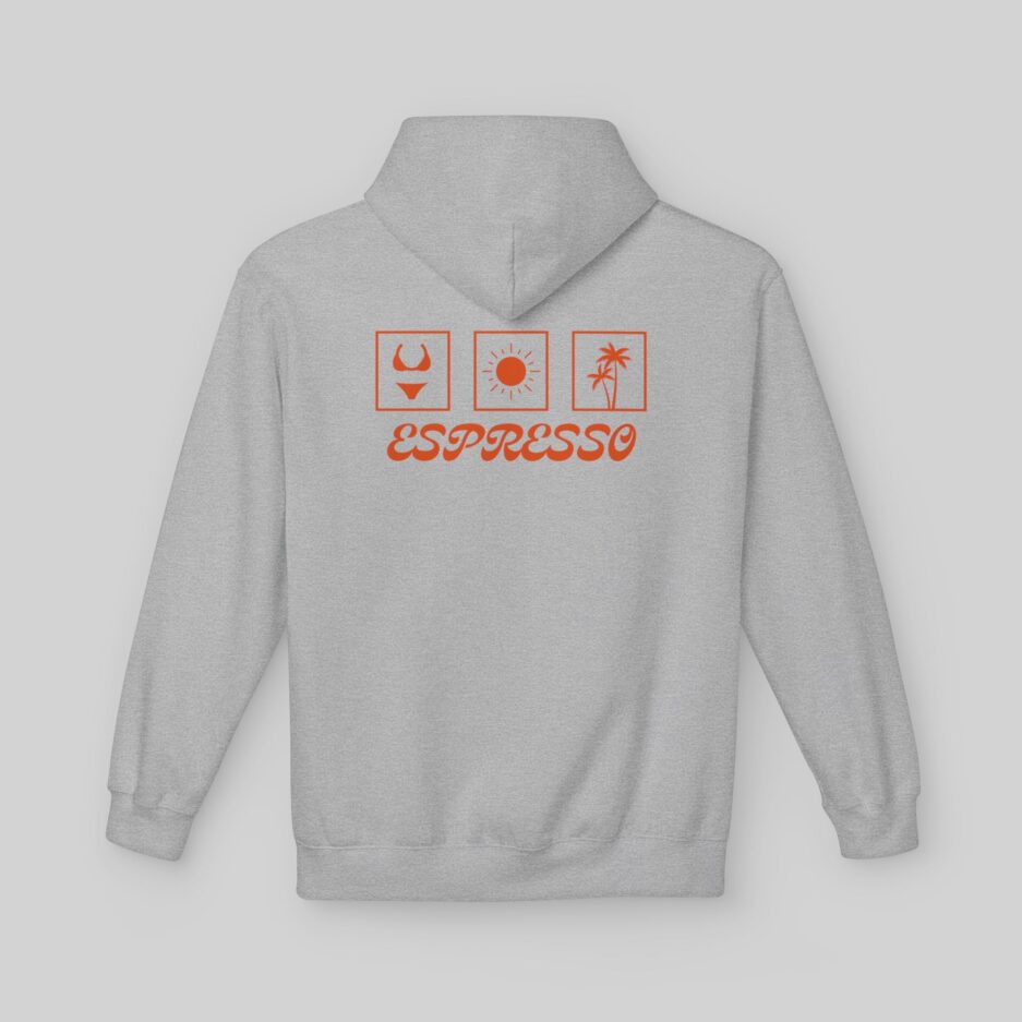 Gray Sabrina Carpenter Espresso Vibes Hoodie with red graphics and 'Espresso' text on a light gray background