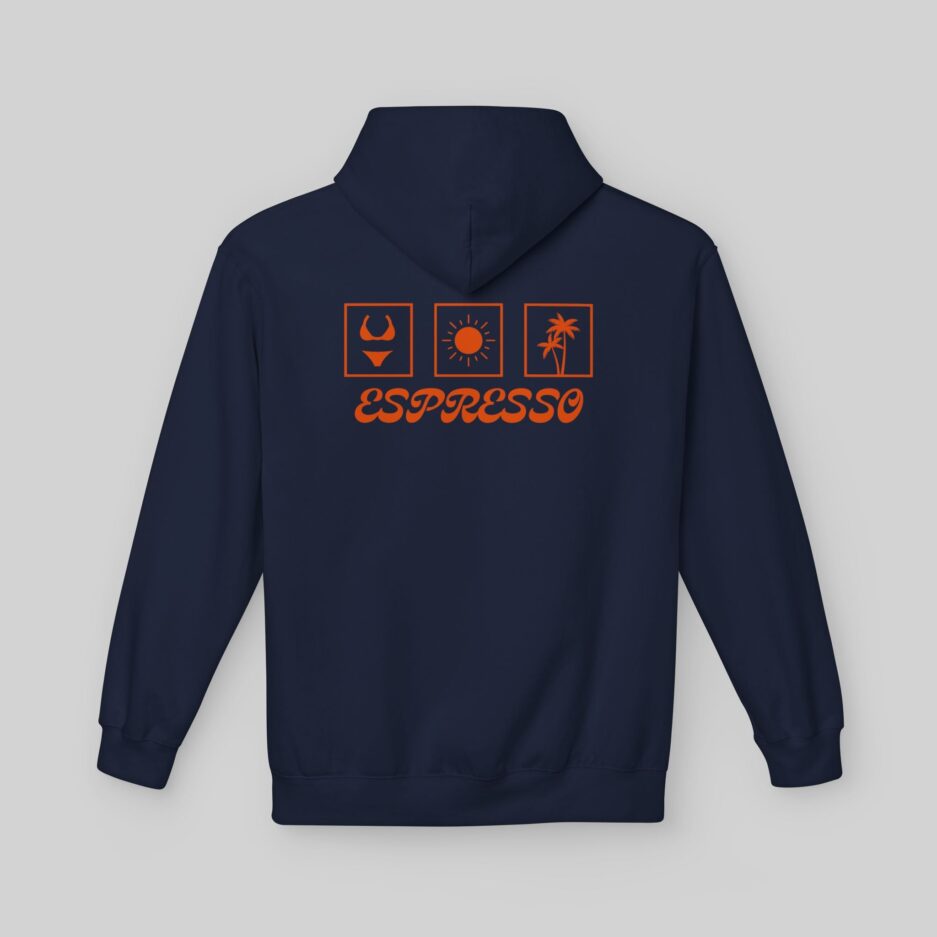 Navy blue Sabrina Carpenter Espresso Vibes Hoodie with orange graphics and 'Espresso' text on a light gray background