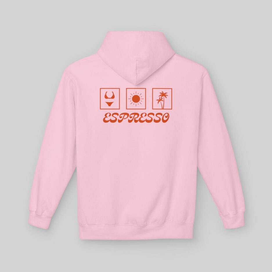 Pink Sabrina Carpenter Espresso Vibes Hoodie with 'Espresso' text and icons on the back against a gray background