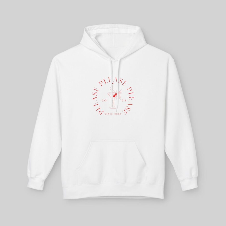 White Sabrina Carpenter Espresso Vibes Hoodie with red graphic design on a gray background