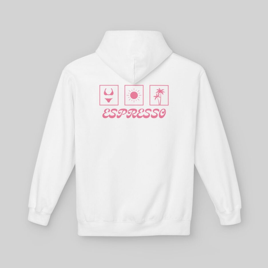 White Sabrina Carpenter Espresso Vibes Hoodie with pink graphics and 'Espresso' text on a gray background