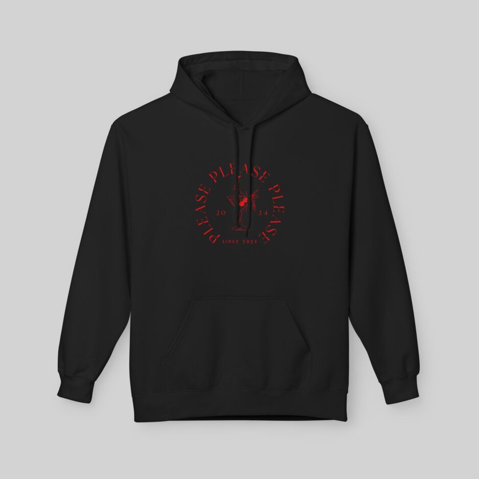 Black Sabrina Carpenter Espresso Vibes Hoodie with red graphic on a gray background