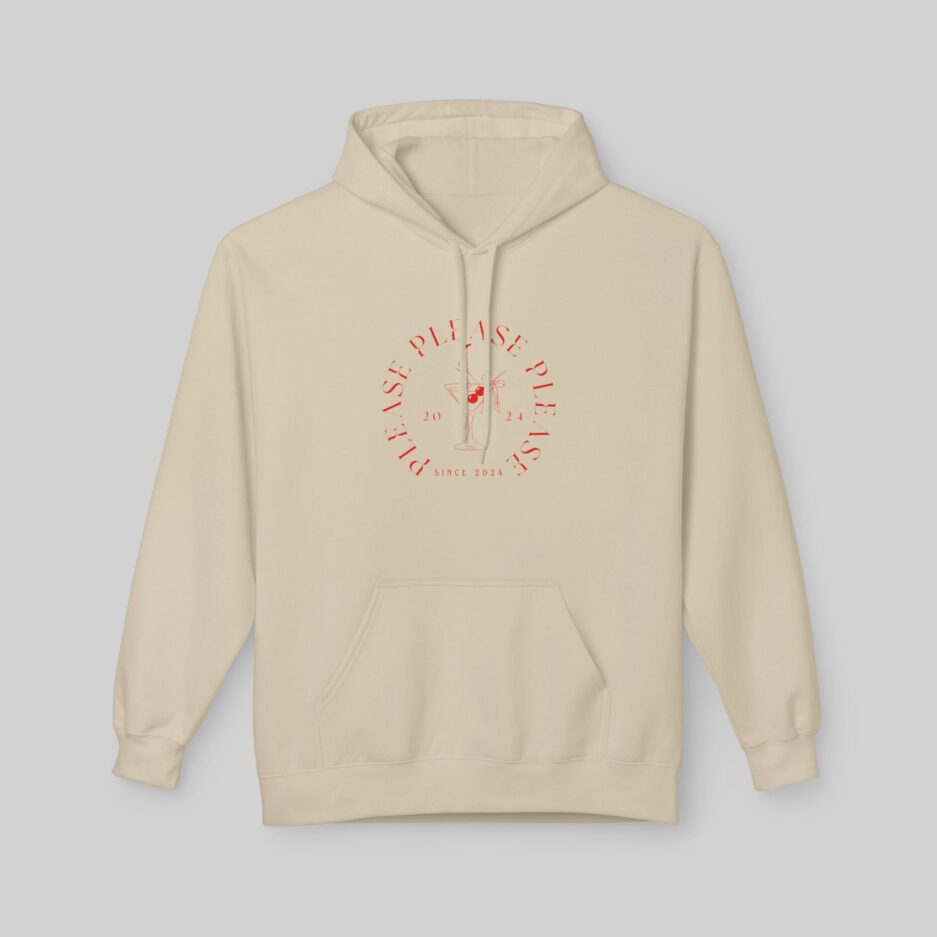 Beige Sabrina Carpenter Espresso Vibes Hoodie with red graphic on a light gray background