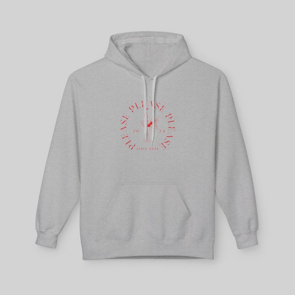 Gray Sabrina Carpenter Espresso Vibes Hoodie with red circular logo on a light gray background