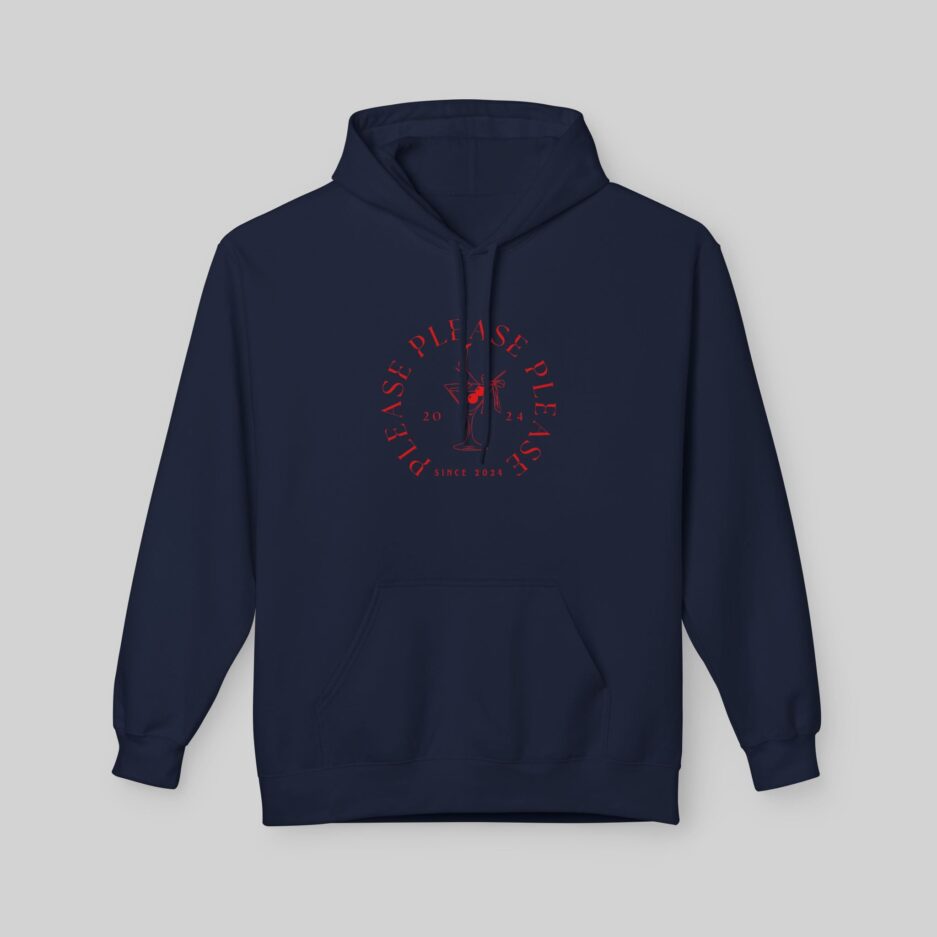 Navy blue Sabrina Carpenter Espresso Vibes Hoodie with red graphic on a light gray background