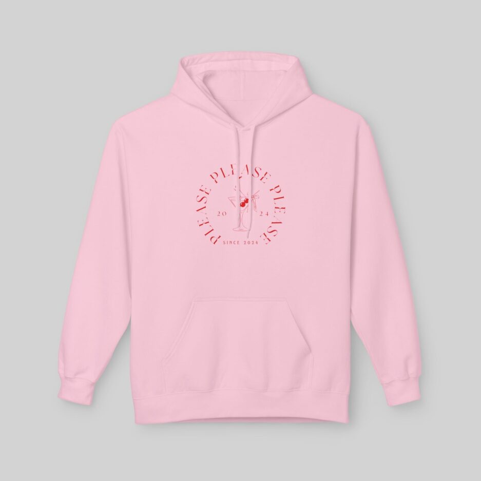 Pink Sabrina Carpenter Espresso Vibes Hoodie with a red graphic on a gray background