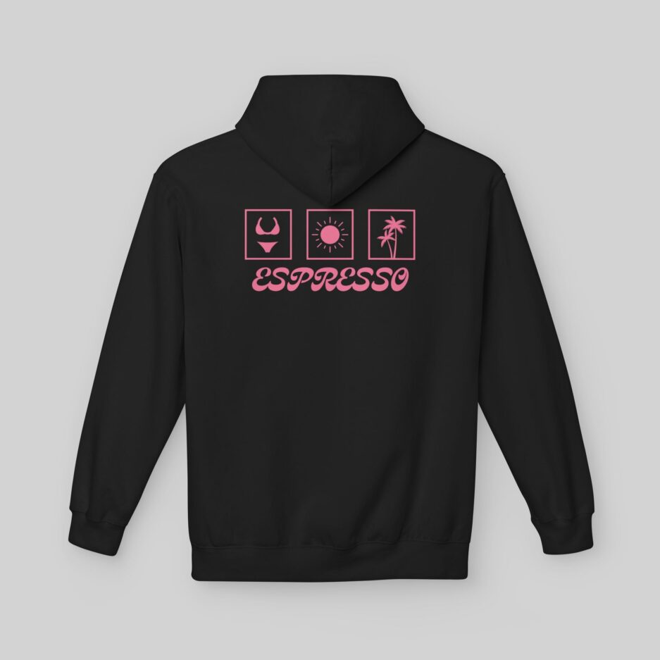 Black Sabrina Carpenter Espresso Vibes Hoodie with pink graphics and 'Espresso' text on a gray background