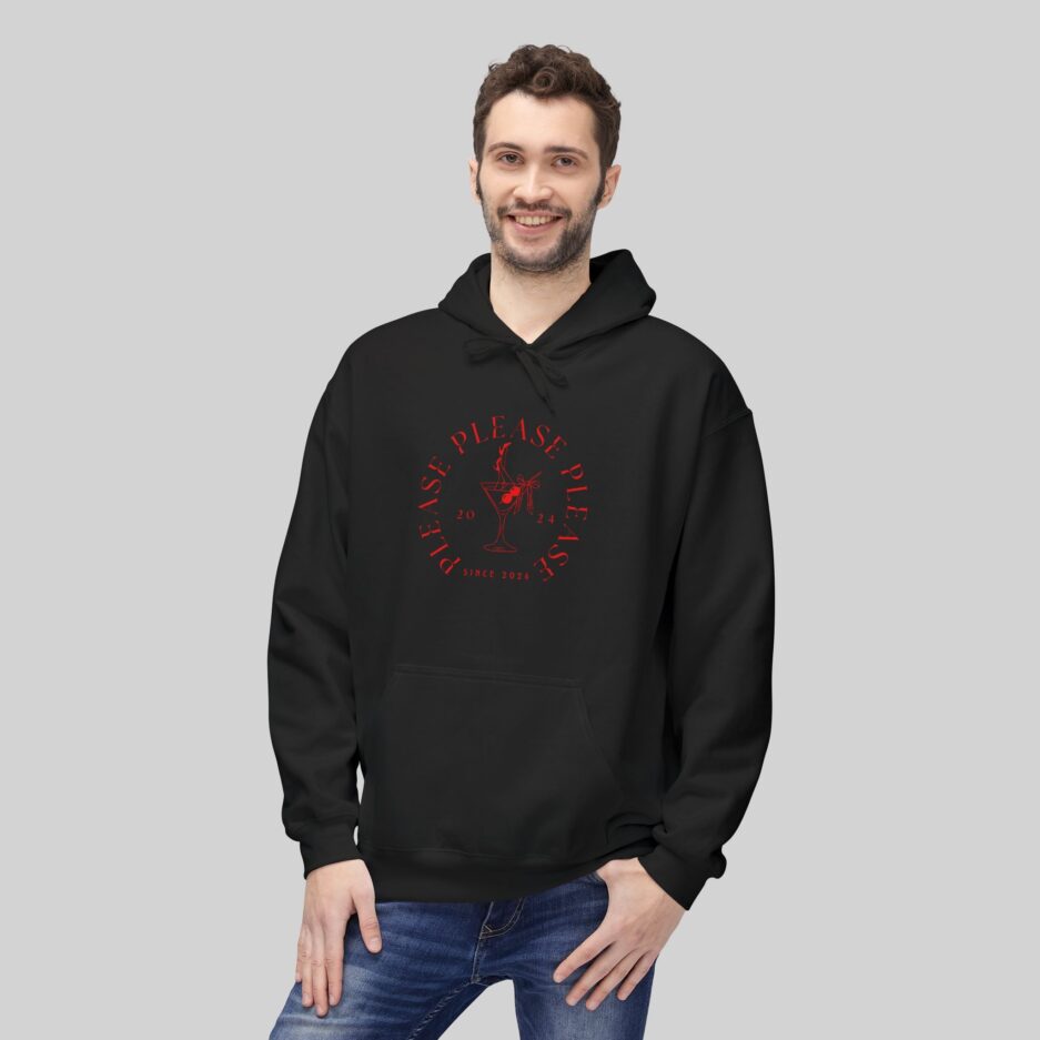Man wearing a black Sabrina Carpenter Espresso Vibes Hoodie with red graphic design on a gray background