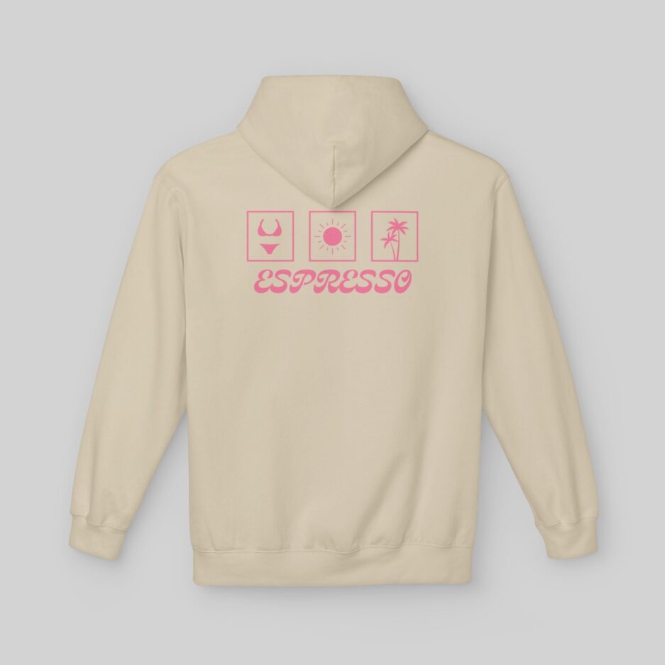 Beige Sabrina Carpenter Espresso Vibes Hoodie with pink graphics and 'ESPRESSO' text on a light gray background