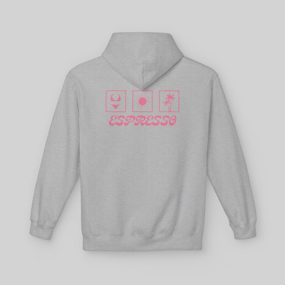 Gray Sabrina Carpenter Espresso Vibes Hoodie with pink graphics and 'Espresso' text on a light gray background