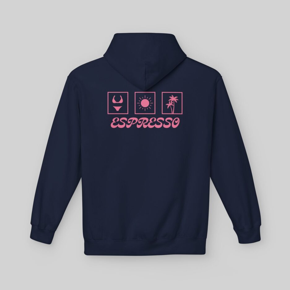 Navy blue Sabrina Carpenter Espresso Vibes Hoodie with pink graphics and text on a light gray background