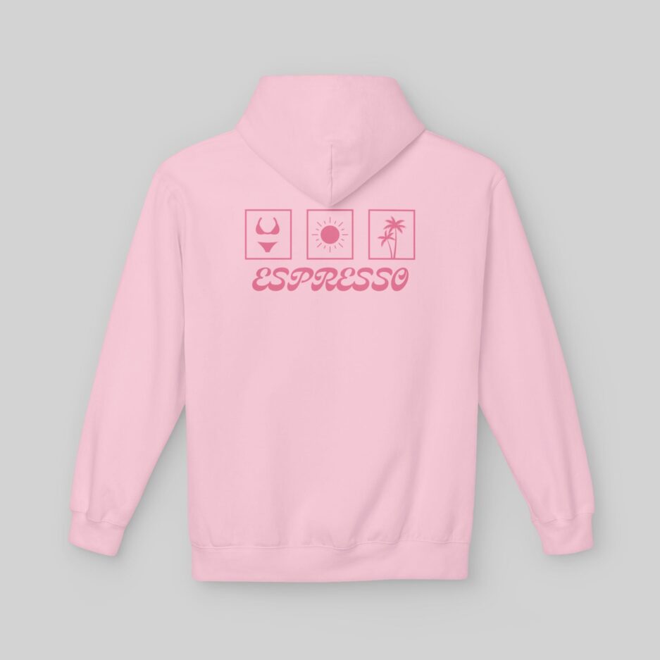 Pink Sabrina Carpenter Espresso Vibes Hoodie with 'Espresso' text and icons on the back against a gray background