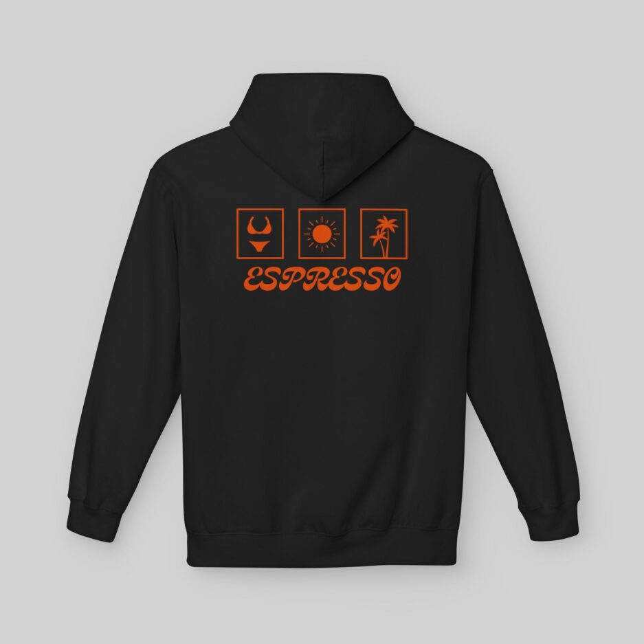 Black Sabrina Carpenter Espresso Vibes Hoodie with orange graphics and text on a gray background