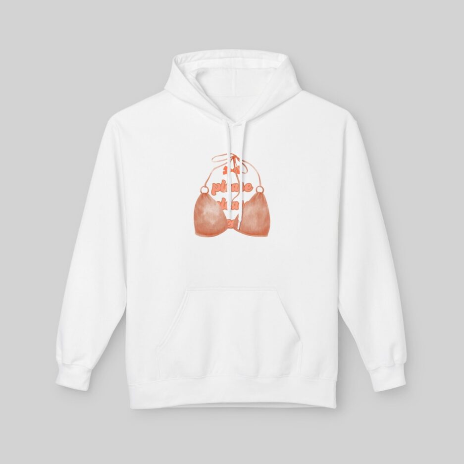 White Sabrina Carpenter Espresso Vibes Hoodie with a graphic design on a gray background