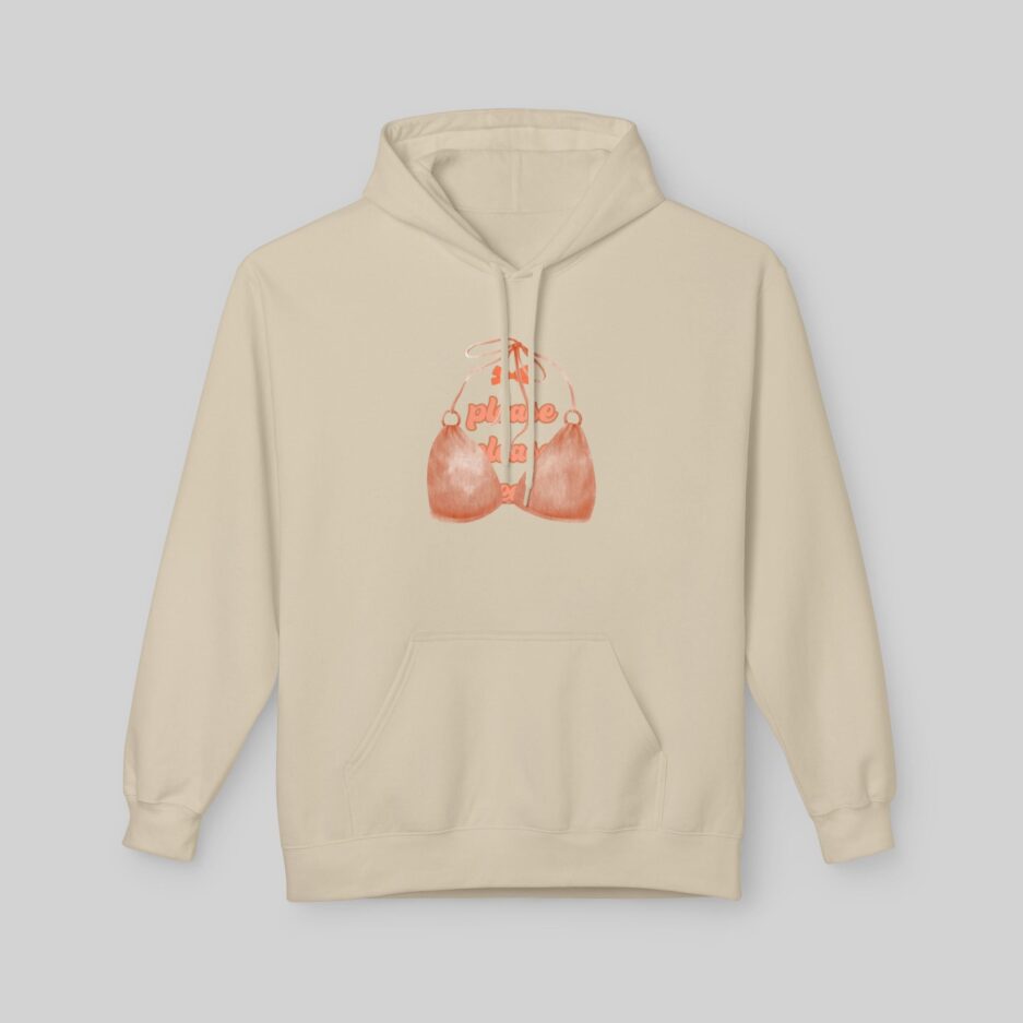Beige Sabrina Carpenter Espresso Vibes Hoodie with a graphic design on a light gray background