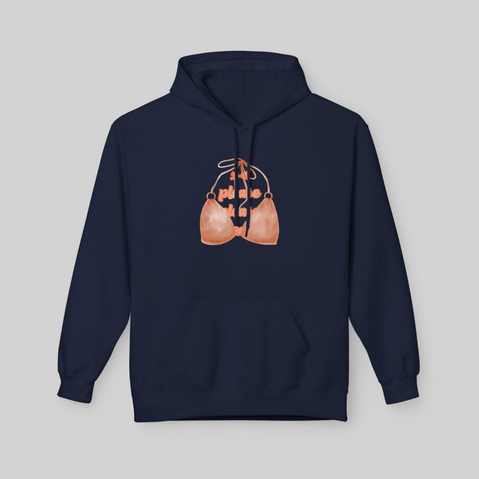 Navy blue Sabrina Carpenter Espresso Vibes Hoodie with a graphic design on a light gray background