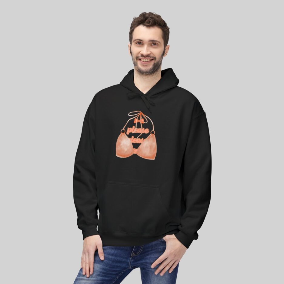 Person wearing a black Sabrina Carpenter Espresso Vibes Hoodie with a graphic design on a gray background