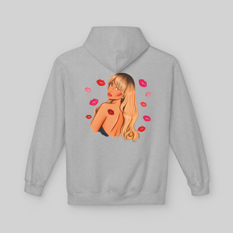 Gray Sabrina Carpenter Fall in Love Hoodie with a graphic of a woman and red lips on the back against a light gray background