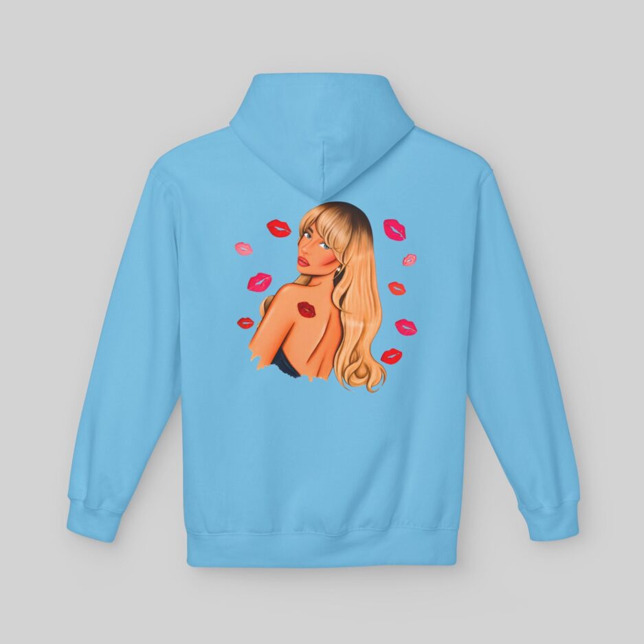 Blue Sabrina Carpenter Fall in Love Hoodie with a graphic of a woman and red lips on the back against a gray background