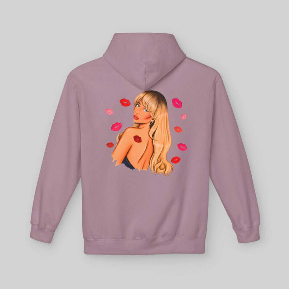 Purple Sabrina Carpenter Fall in Love Hoodie with a graphic of a woman and red lips on the back against a light gray background