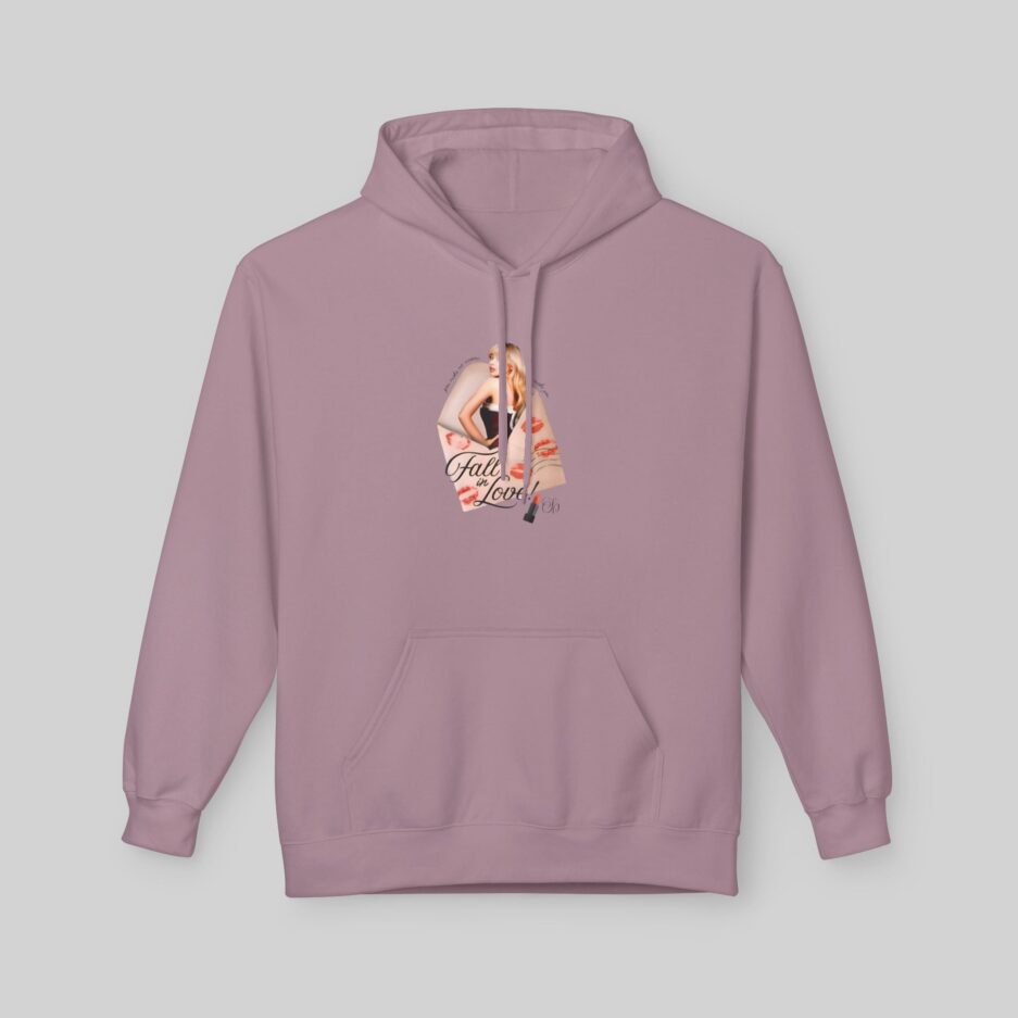 Purple Sabrina Carpenter Fall in Love Hoodie with a graphic design on a gray background