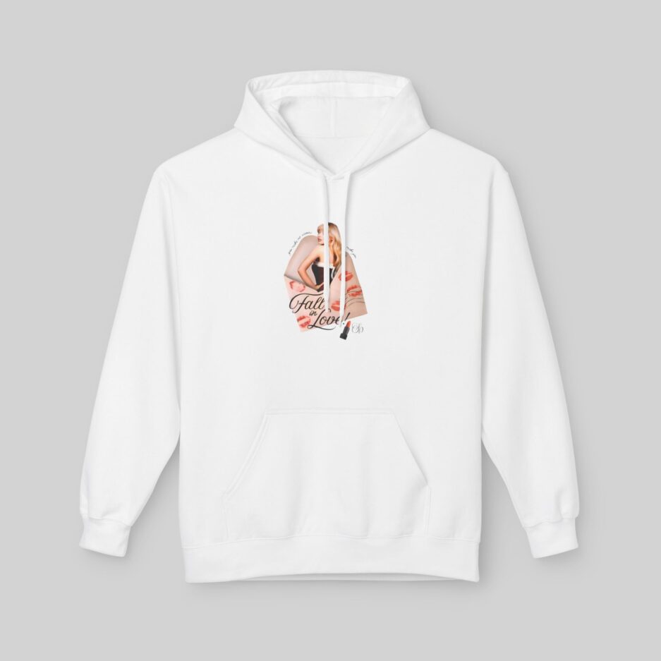 White Sabrina Carpenter Fall in Love Hoodie with a graphic design on a gray background
