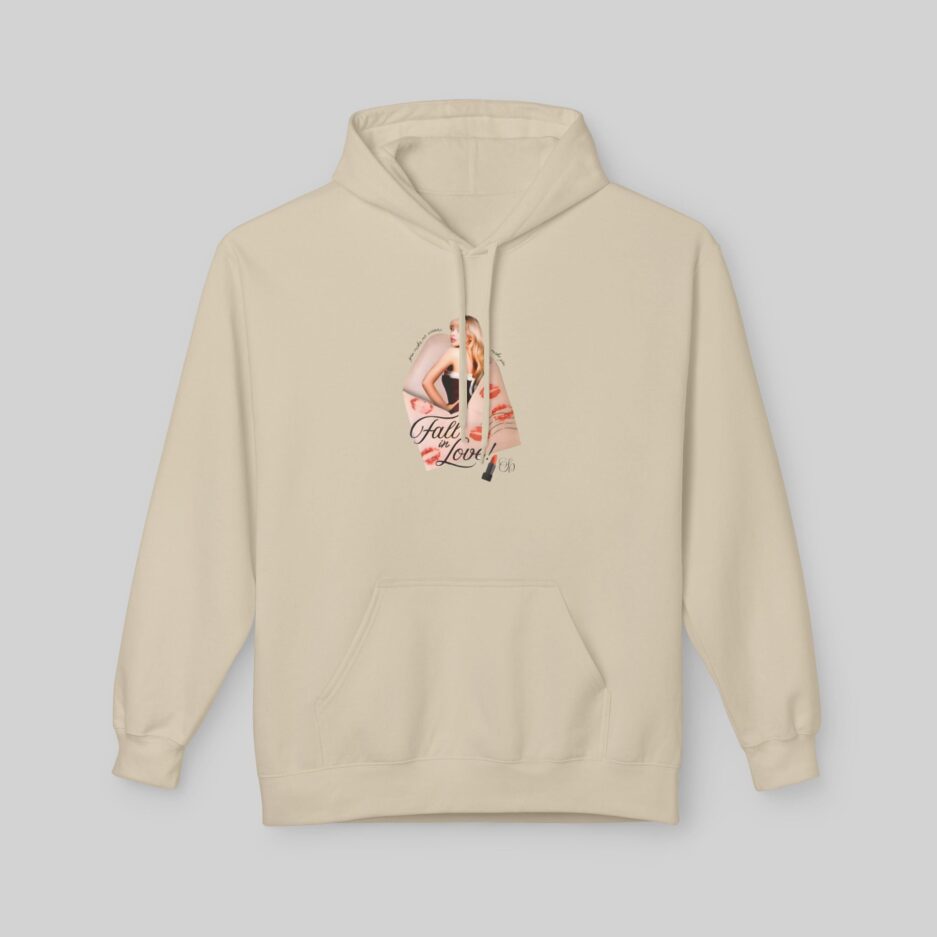Beige Sabrina Carpenter Fall in Love Hoodie with a graphic design on a light gray background
