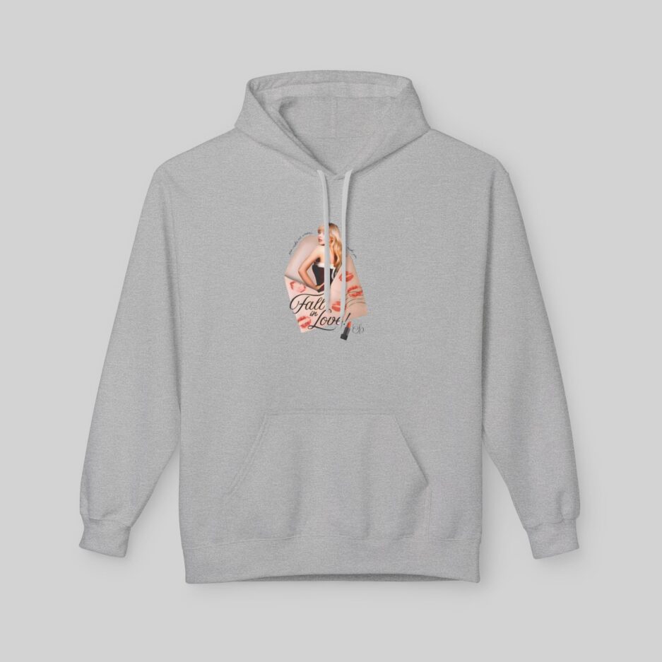 Gray Sabrina Carpenter Fall in Love Hoodie with a graphic design on the chest against a light gray background