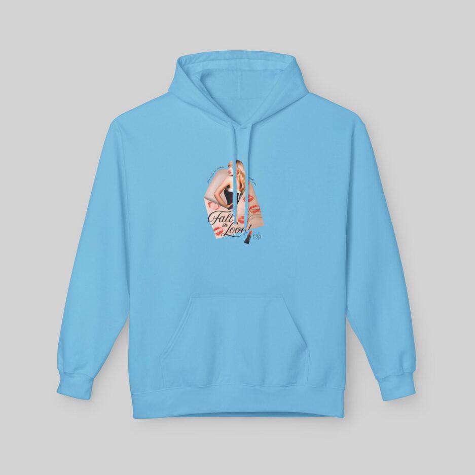 Light blue Sabrina Carpenter Fall in Love Hoodie with graphic design on a gray background