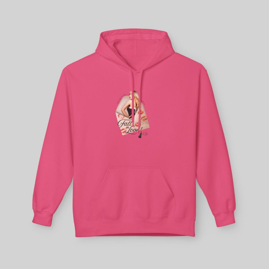 Pink Sabrina Carpenter Fall in Love Hoodie with a graphic design on a gray background