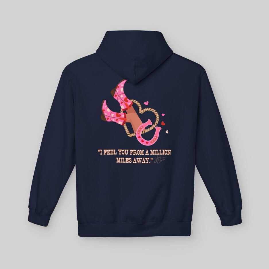 Navy blue Sabrina Carpenter Love Club Hoodie with a graphic design and text on the back against a light gray background