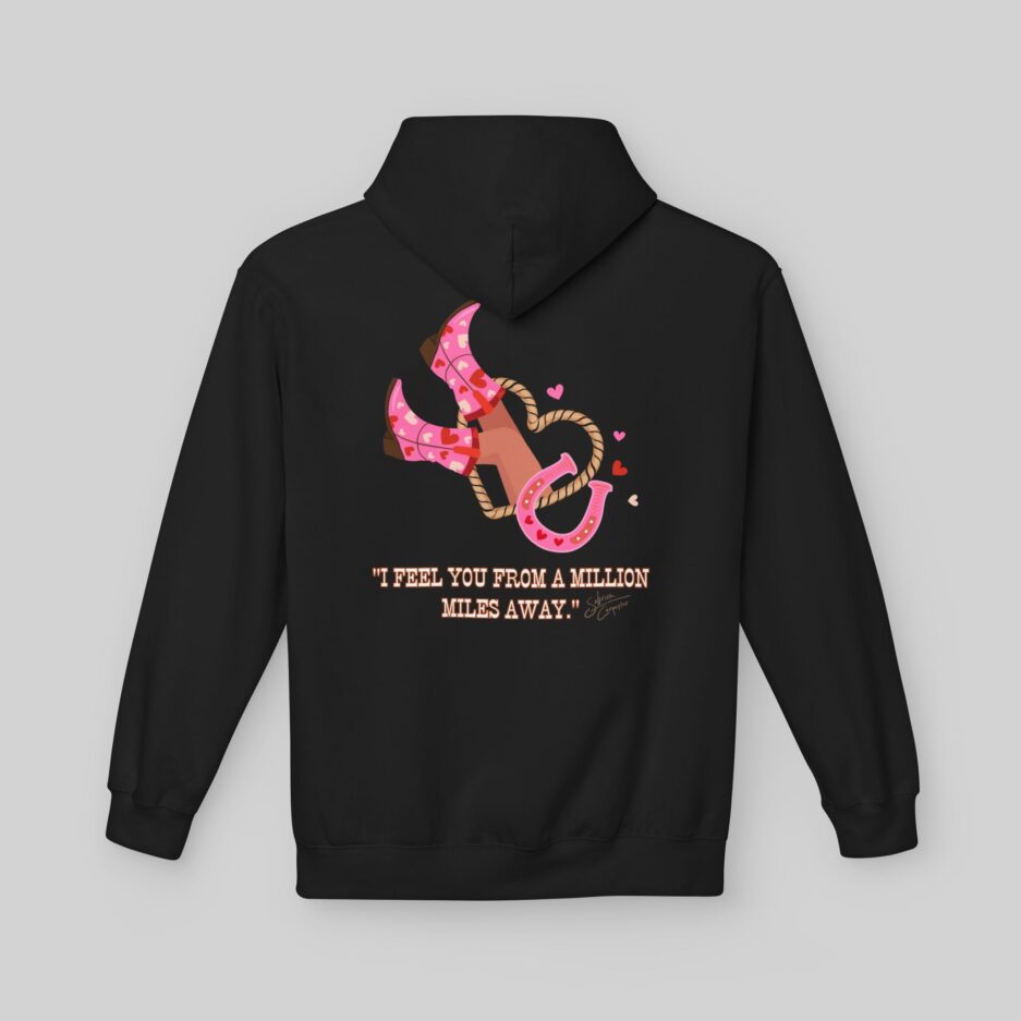Black Sabrina Carpenter Love Club Hoodie with pink graphic and text on a gray background