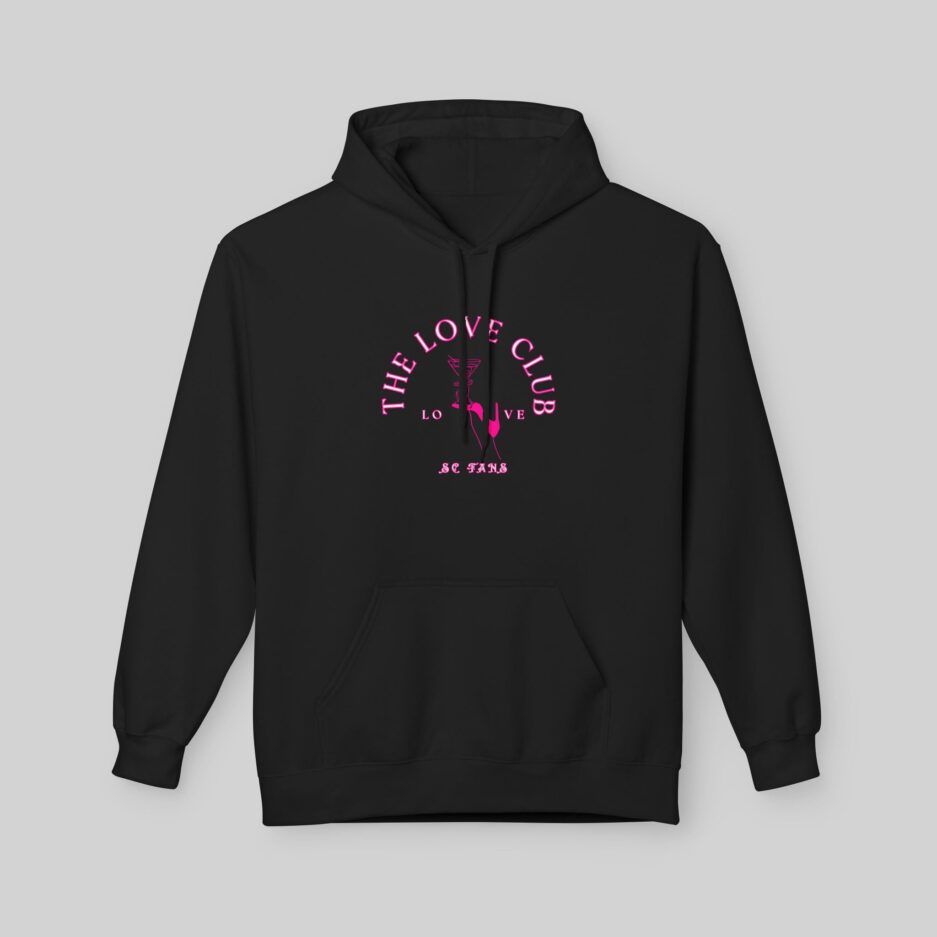 Black Sabrina Carpenter Love Club Hoodie with 'The Love Club' text on a gray background