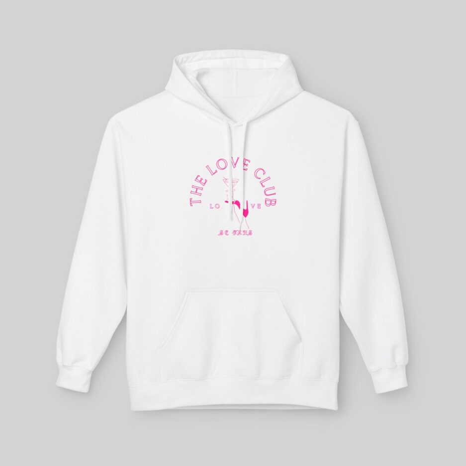 White Sabrina Carpenter Love Club Hoodie with pink text on a gray background